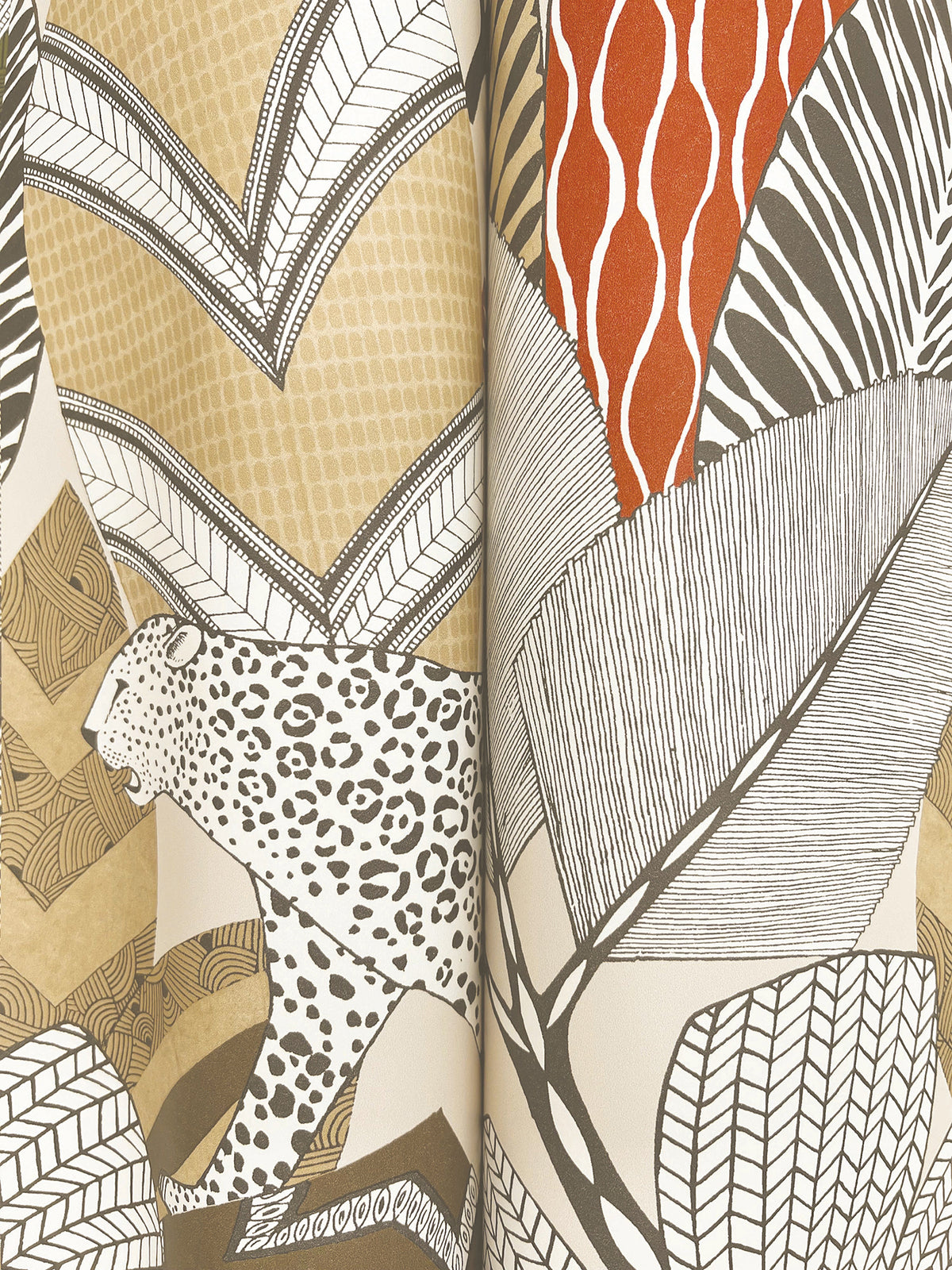 Discover the Namiri Wallpaper by York Wallcoverings, featuring an abstract illustration of a stylized leopard amidst large, patterned leaves in beige, brown, black, and orange tones with intricate linework and geometric designs.