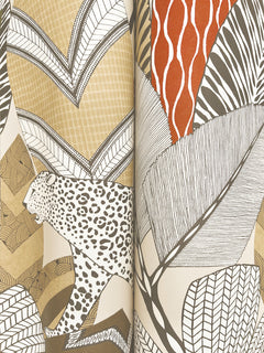 Discover the Namiri Wallpaper by York Wallcoverings, featuring an abstract illustration of a stylized leopard amidst large, patterned leaves in beige, brown, black, and orange tones with intricate linework and geometric designs.
