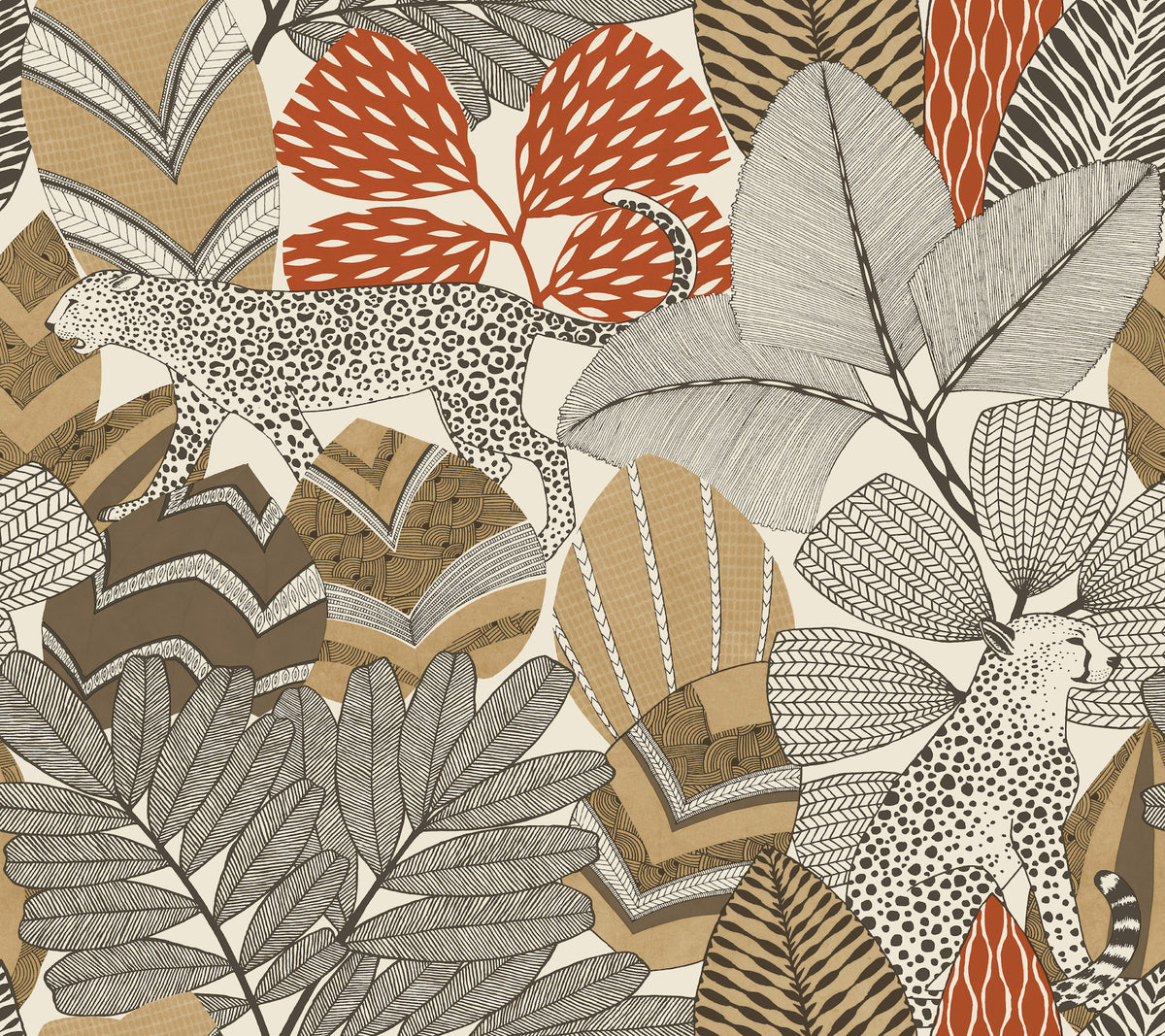 Experience Namiri Wallpaper by York Wallcoverings, featuring an illustration of two leopards nestled among large, patterned leaves in earthy tones of beige, brown, orange, and black, with bold, intricate line work and stylized tropical foliage.