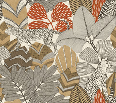 Experience Namiri Wallpaper by York Wallcoverings, featuring an illustration of two leopards nestled among large, patterned leaves in earthy tones of beige, brown, orange, and black, with bold, intricate line work and stylized tropical foliage.