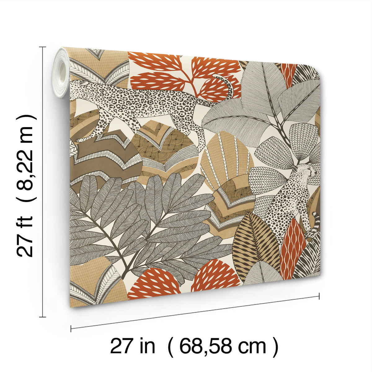 The Namiri Wallpaper by York Wallcoverings features a botanical and animal pattern in beige, orange, and brown tones. Each roll measures 27 feet (8.22 meters) in length and 27 inches (68.58 centimeters) in width, as shown with a measurement graphic.