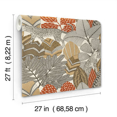 The Namiri Wallpaper by York Wallcoverings features a botanical and animal pattern in beige, orange, and brown tones. Each roll measures 27 feet (8.22 meters) in length and 27 inches (68.58 centimeters) in width, as shown with a measurement graphic.