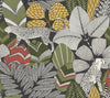 Two cheetahs with black spots roam among large, stylized jungle leaves in shades of green, red, yellow, and white on a dark background in the bold and decorative Namiri Wallpaper by York Wallcoverings.