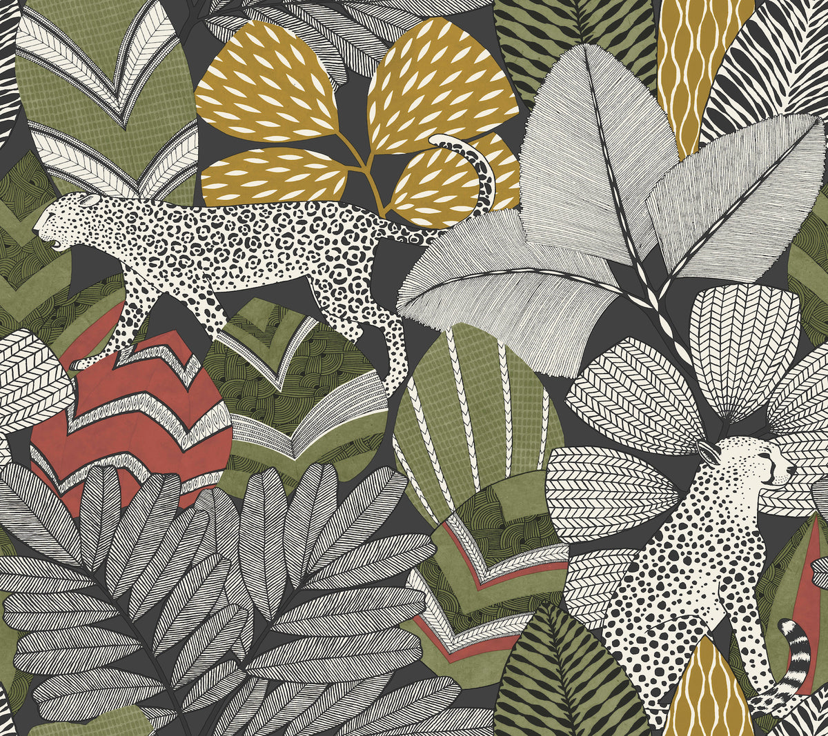 Two cheetahs with black spots roam among large, stylized jungle leaves in shades of green, red, yellow, and white on a dark background in the bold and decorative Namiri Wallpaper by York Wallcoverings.