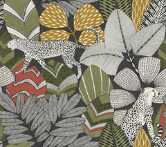 Two cheetahs with black spots roam among large, stylized jungle leaves in shades of green, red, yellow, and white on a dark background in the bold and decorative Namiri Wallpaper by York Wallcoverings.