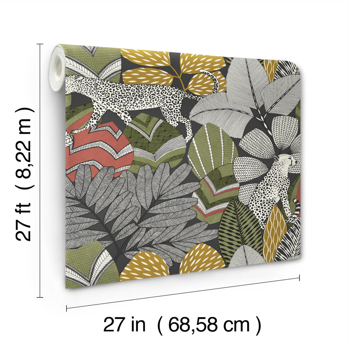 Namiri Wallpaper by York Wallcoverings features a colorful jungle pattern with leaves and leopards. Each roll measures 27 feet (8.22 m) long and 27 inches (68.58 cm) wide.