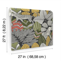 Namiri Wallpaper by York Wallcoverings features a colorful jungle pattern with leaves and leopards. Each roll measures 27 feet (8.22 m) long and 27 inches (68.58 cm) wide.