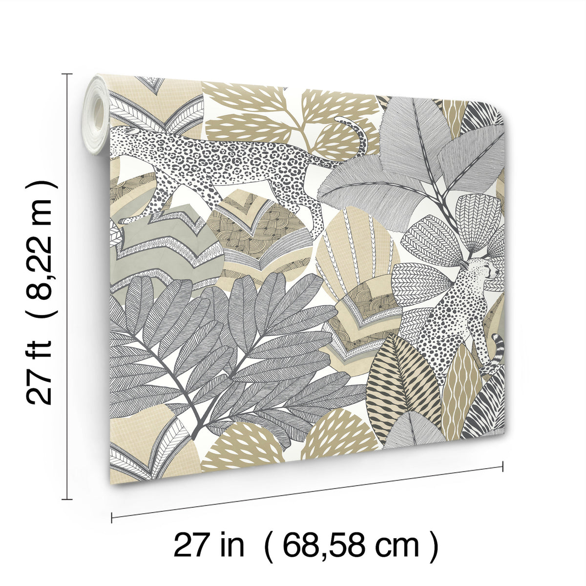 The Namiri Wallpaper by York Wallcoverings features a beige, gray, and black leafy pattern with a spotted leopard nestled among tropical leaves. Each roll measures 27 feet by 27 inches (8.22 meters by 68.58 centimeters).