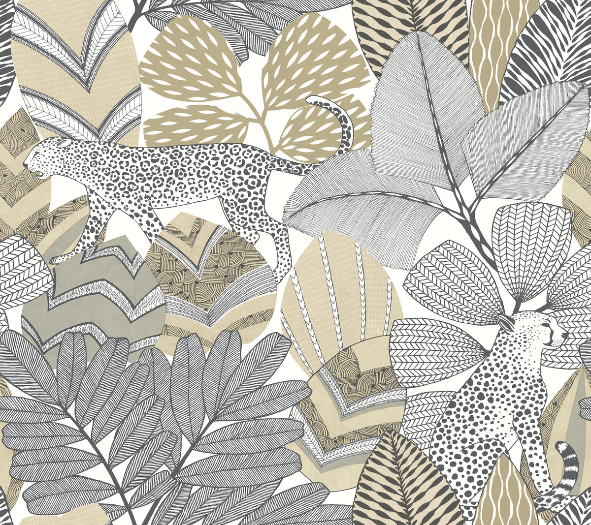 Two leopards with black spots stroll amidst large, intricately patterned tropical leaves in beige, gold, and gray tones on the Namiri Wallpaper by York Wallcoverings. The background displays overlapping decorative leaf and geometric motifs.