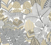 Two leopards with black spots wander among large, stylized leaves and abstract foliage in black, white, and beige tones on the Namiri Wallpaper by York Wallcoverings, creating a modern jungle-inspired pattern.