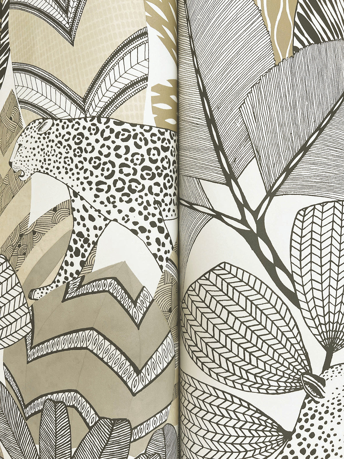Namiri Wallpaper by York Wallcoverings features an abstract illustration in beige, black, and white with a leopard nestled among large, patterned leaves and geometric shapes, while intricate leaf details fill the background.
