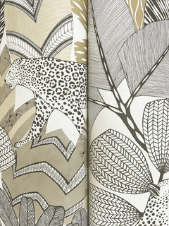 Namiri Wallpaper by York Wallcoverings features an abstract illustration in beige, black, and white with a leopard nestled among large, patterned leaves and geometric shapes, while intricate leaf details fill the background.