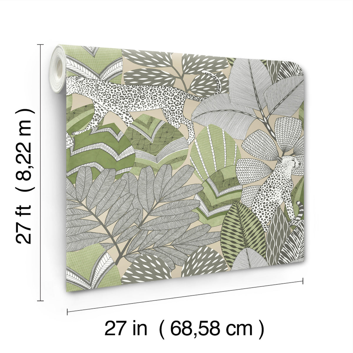 Namiri Wallpaper by York Wallcoverings features a leafy green and beige jungle pattern with leopards. Each roll measures 27 feet (8.22 m) long by 27 inches (68.58 cm) wide.