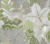 Two leopards with black spots roam among large, stylized tropical leaves in green, beige, and white on the intricately detailed Namiri Wallpaper by York Wallcoverings, seamlessly blending exotic animals and lush foliage.