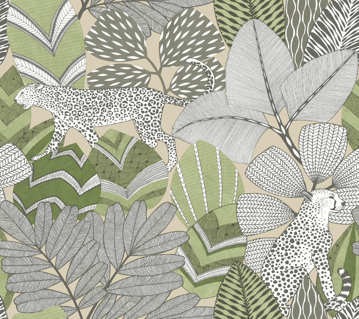 Two leopards with black spots roam among large, stylized tropical leaves in green, beige, and white on the intricately detailed Namiri Wallpaper by York Wallcoverings, seamlessly blending exotic animals and lush foliage.