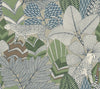 Presenting the Namiri Wallpaper by York Wallcoverings—featuring a stylized illustrated pattern of leopards strolling amidst large, intricately textured tropical leaves in rich shades of green, blue, and beige. Overlapping foliage creates a vivid scene full of detail and visual depth.