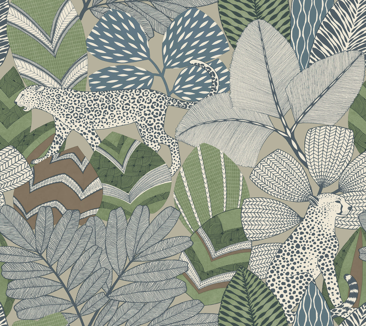 Presenting the Namiri Wallpaper by York Wallcoverings—featuring a stylized illustrated pattern of leopards strolling amidst large, intricately textured tropical leaves in rich shades of green, blue, and beige. Overlapping foliage creates a vivid scene full of detail and visual depth.