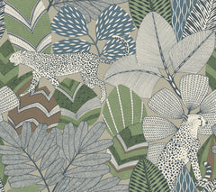 Presenting the Namiri Wallpaper by York Wallcoverings—featuring a stylized illustrated pattern of leopards strolling amidst large, intricately textured tropical leaves in rich shades of green, blue, and beige. Overlapping foliage creates a vivid scene full of detail and visual depth.