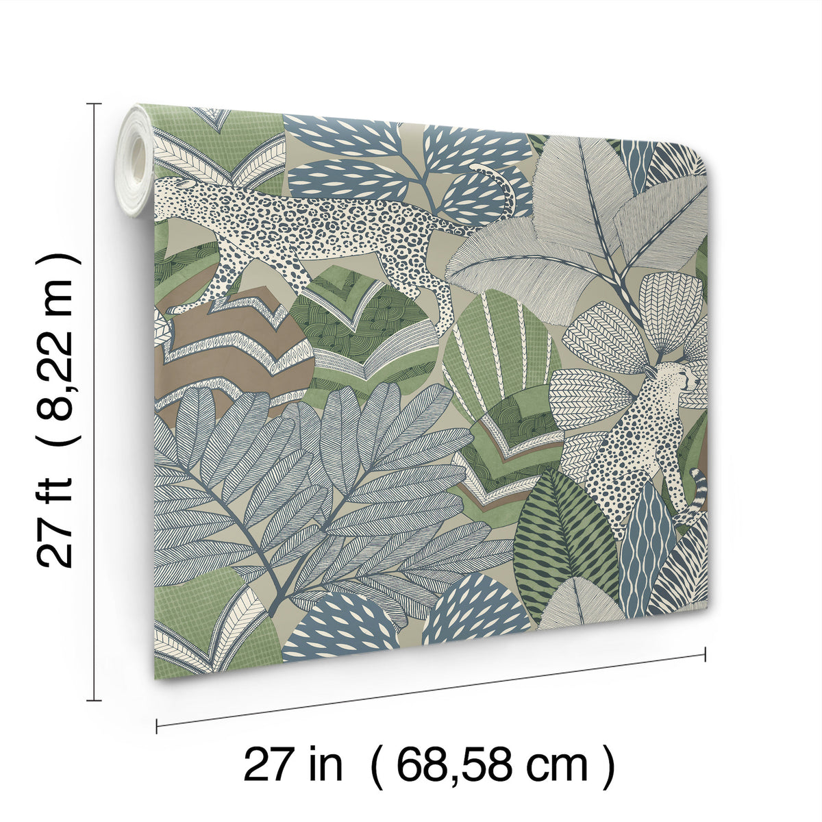 Namiri Wallpaper by York Wallcoverings features a jungle-inspired pattern with leopards and large tropical leaves in green, gray, and beige. Each roll measures 27 feet (8.22 meters) long and 27 inches (68.58 centimeters) wide.
