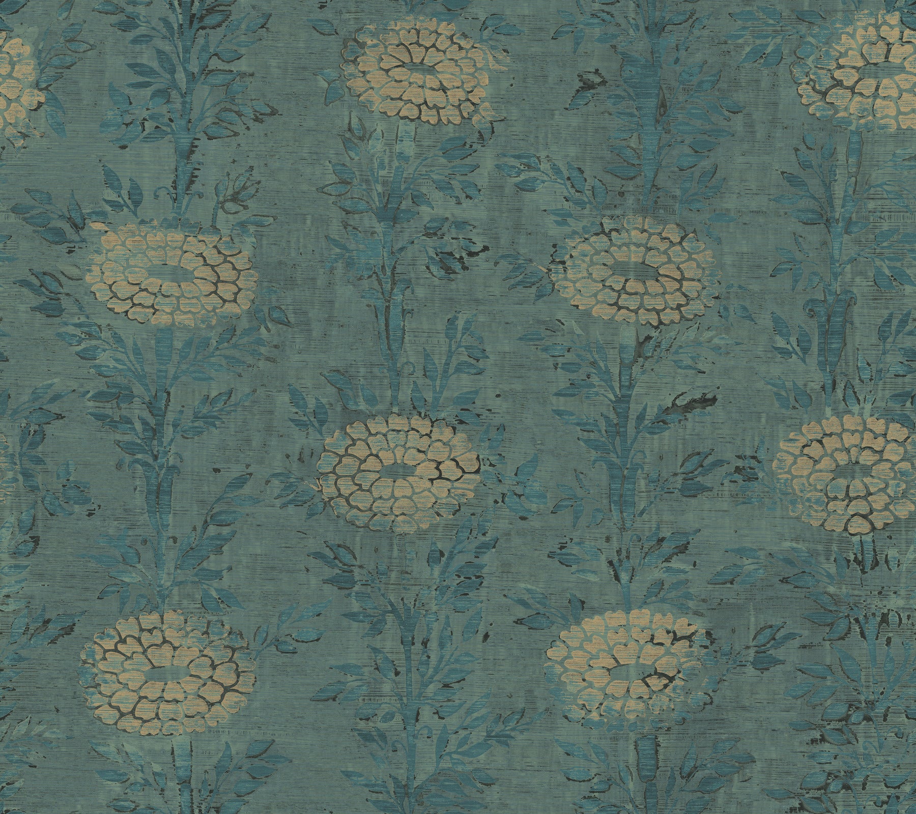 French Marigold Wallpaper Wallpaper Ronald Redding Roll Teal Green & Gold