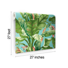 Banana Leaf Wallpaper by York Wallcoverings features a tropical leaf pattern on a blue background and comes in rolls measuring 27 feet long and 27 inches wide.