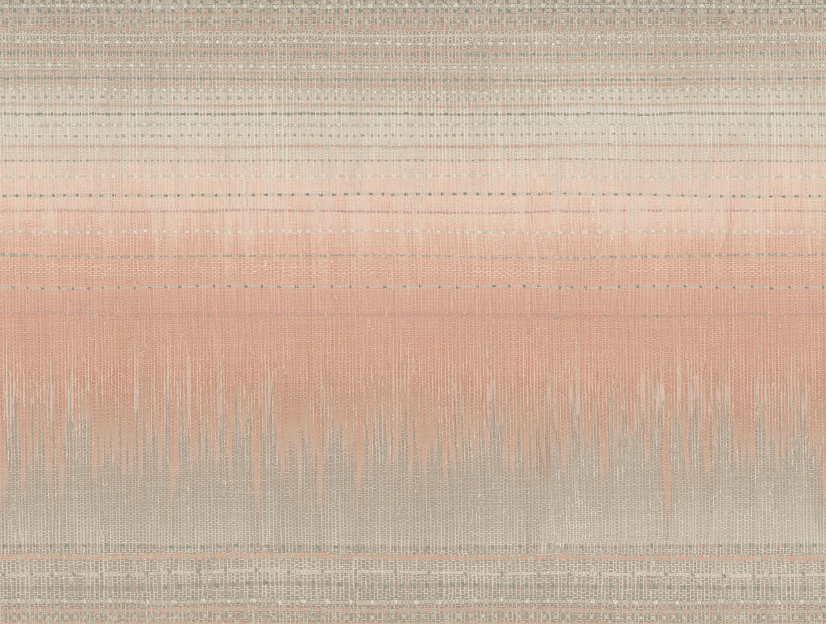 Desert Textile Wallpaper by York Wallcoverings features an abstract textile pattern with horizontal bands in beige, pink, and light gray tones. Its woven texture, soft gradients, and subtle dotted and linear details create a calming effect.