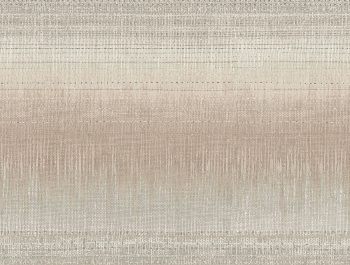 Desert Textile Wallpaper by York Wallcoverings features an abstract textured pattern with horizontal stripes in beige, cream, and gray, accented by dotted lines reminiscent of woven fabric or a soft gradient landscape. The neutral tones evoke a calm and minimalist aesthetic.