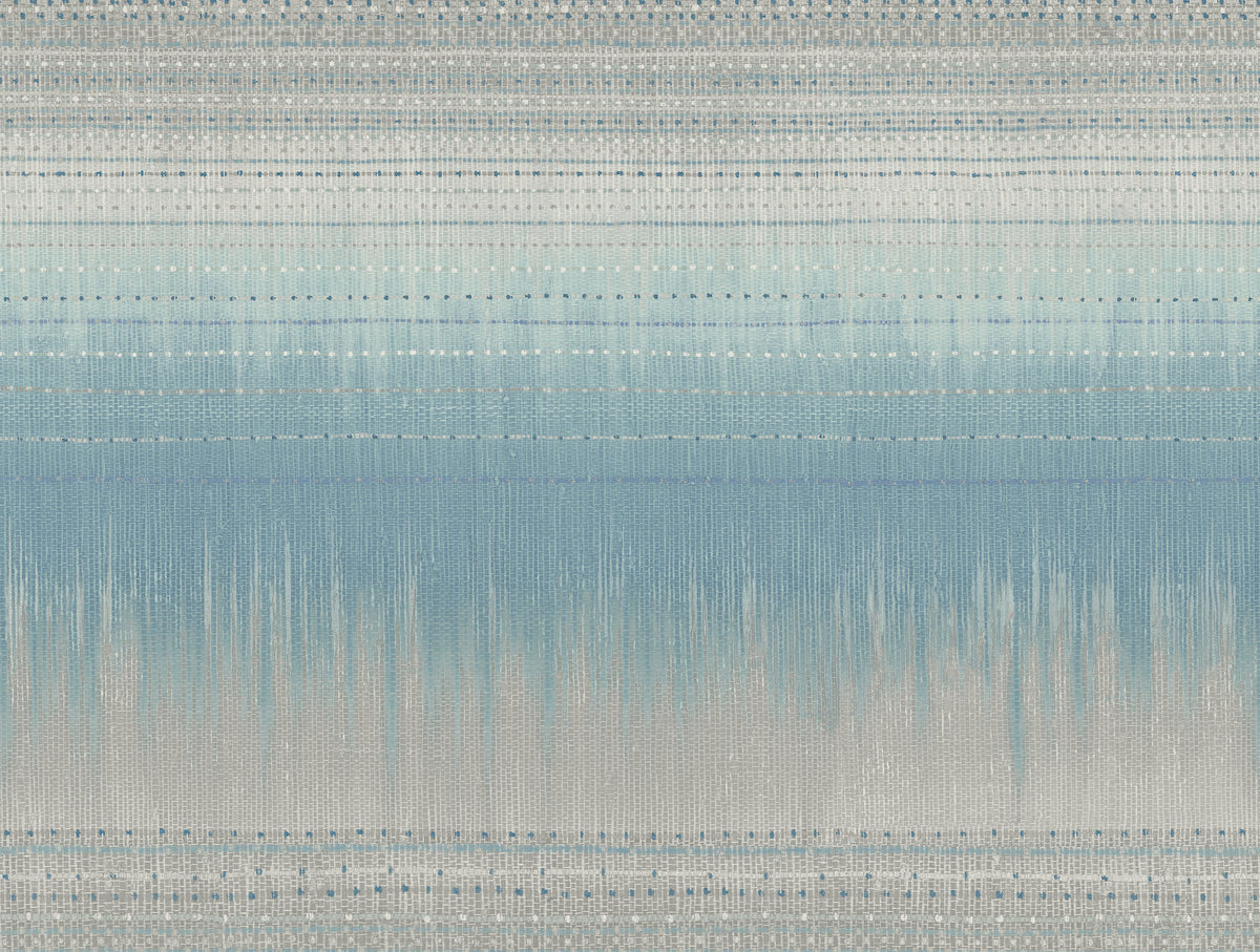 Desert Textile Wallpaper by York Wallcoverings features abstract horizontal blue, white, and gray lines with textured patterns that evoke a soft, woven look reminiscent of fabric or a watercolor landscape.