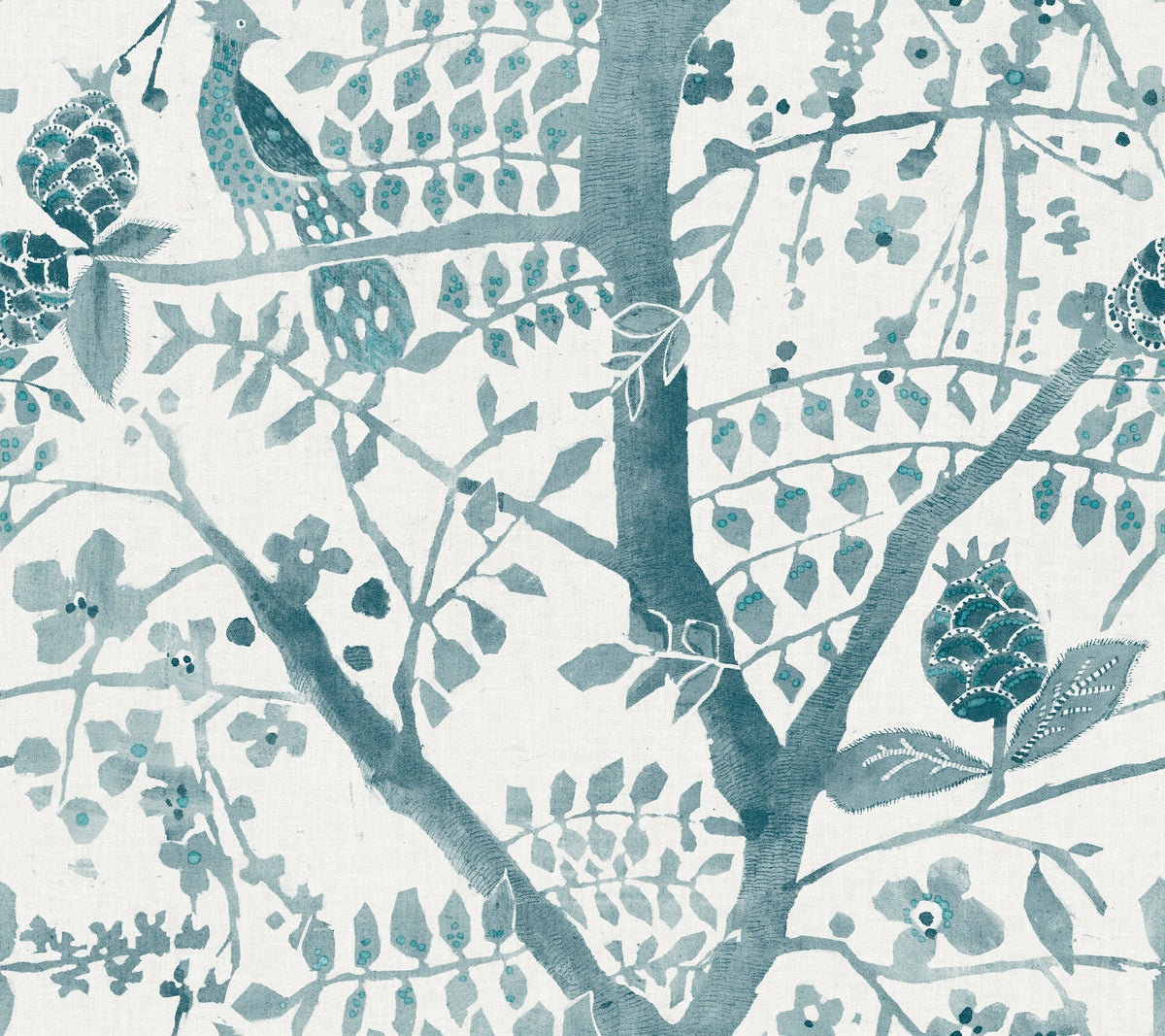 Bring artistic elegance to your space with the Peacock Block Print Wallpaper by York Wallcoverings, featuring a watercolor-style illustration of a peacock perched on a branch, surrounded by leaves, flowers, and pinecone-like details in shades of teal and blue on a crisp white background.