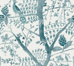 Bring artistic elegance to your space with the Peacock Block Print Wallpaper by York Wallcoverings, featuring a watercolor-style illustration of a peacock perched on a branch, surrounded by leaves, flowers, and pinecone-like details in shades of teal and blue on a crisp white background.