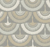 Feather & Fringe Wallpaper by York Wallcoverings features a seamless pattern of abstract fan shapes in soft beige, gray, and cream tones that evoke stylized bird feathers or wings, repeating in rows across a gently muted gray background.