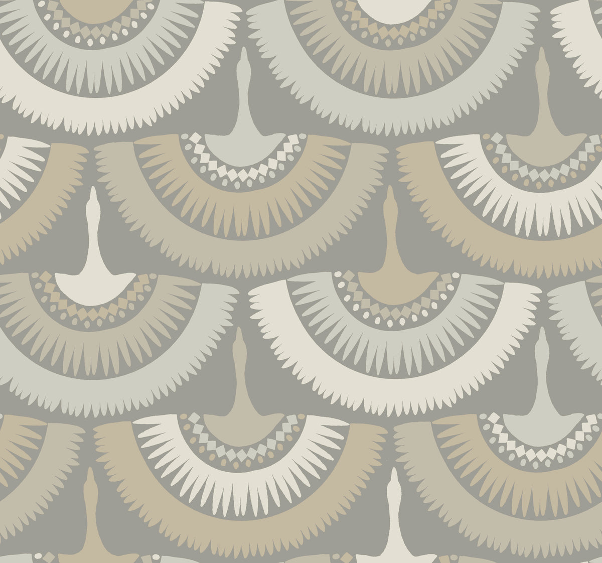 Feather & Fringe Wallpaper by York Wallcoverings features a seamless pattern of abstract fan shapes in soft beige, gray, and cream tones that evoke stylized bird feathers or wings, repeating in rows across a gently muted gray background.