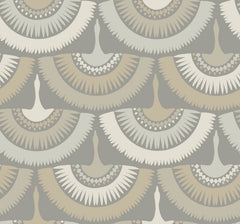 Feather & Fringe Wallpaper by York Wallcoverings features a seamless pattern of abstract fan shapes in soft beige, gray, and cream tones that evoke stylized bird feathers or wings, repeating in rows across a gently muted gray background.