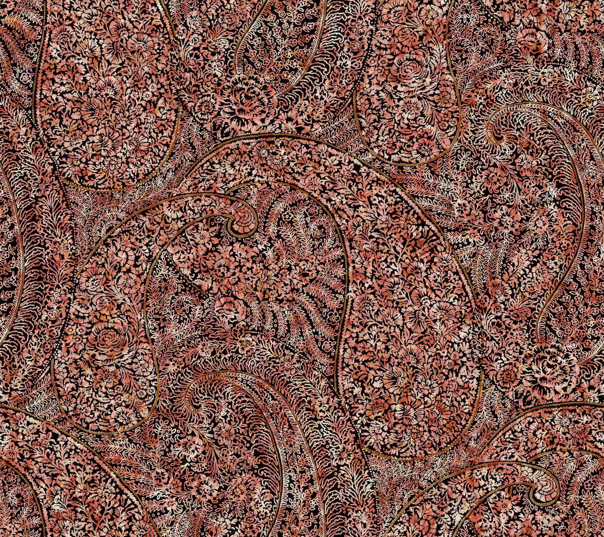 Kashmir Dreams Paisley Wallpaper by York Wallcoverings features an intricate paisley pattern in shades of pink, peach, and brown, richly adorned with floral and leaf motifs to create a dense, detailed, and swirling ornamental tapestry.
