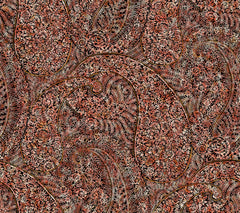 Kashmir Dreams Paisley Wallpaper by York Wallcoverings features an intricate paisley pattern in shades of pink, peach, and brown, richly adorned with floral and leaf motifs to create a dense, detailed, and swirling ornamental tapestry.