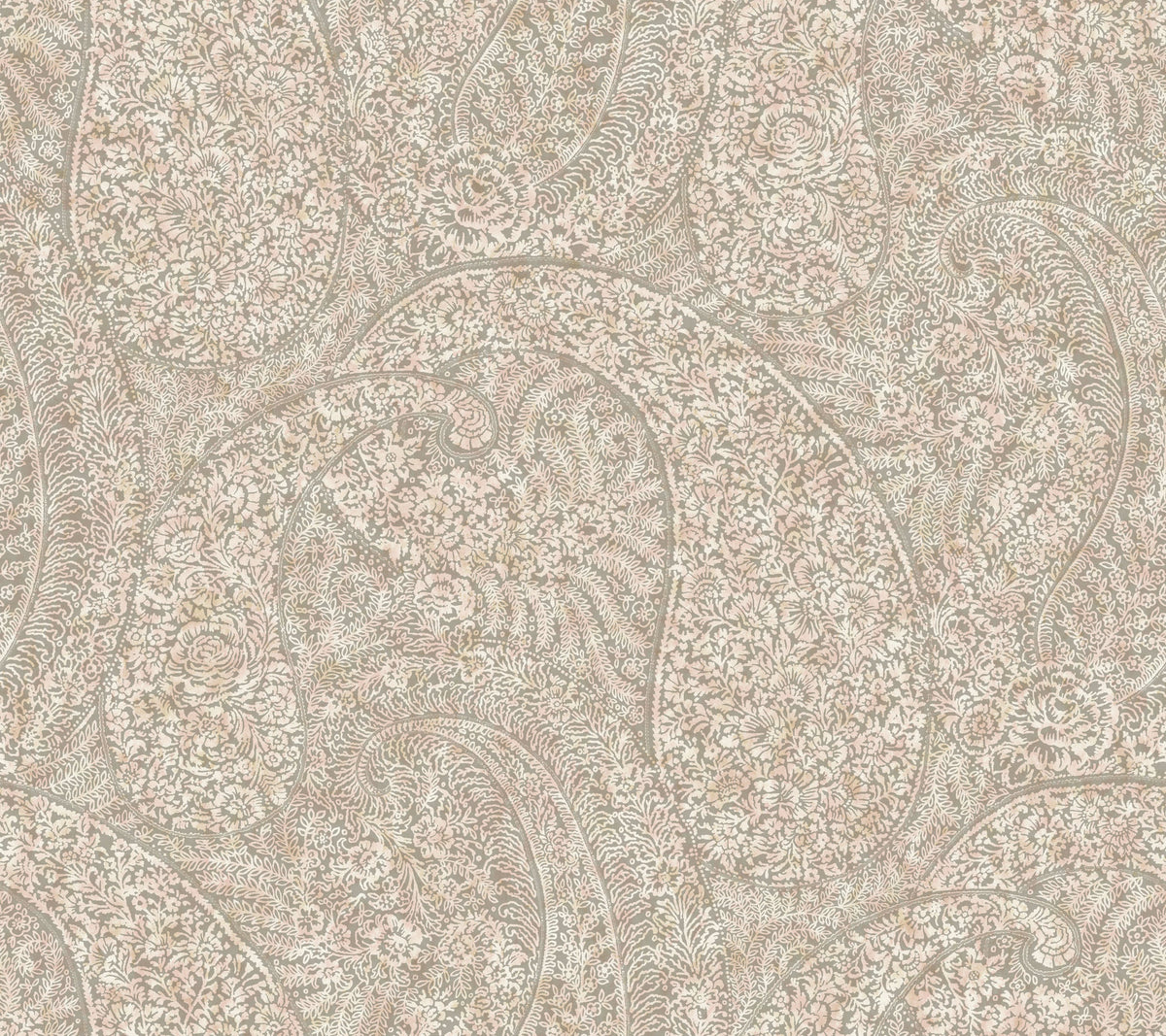 Kashmir Dreams Paisley Wallpaper by York Wallcoverings features an intricate blend of beige and cream paisley patterns, adorned with densely packed floral and leaf motifs. The swirling shapes and fine lines create a soft, detailed, and vintage-inspired look throughout the design.
