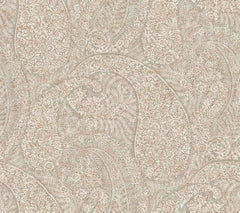 Kashmir Dreams Paisley Wallpaper by York Wallcoverings features an intricate blend of beige and cream paisley patterns, adorned with densely packed floral and leaf motifs. The swirling shapes and fine lines create a soft, detailed, and vintage-inspired look throughout the design.