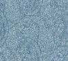Kashmir Dreams Paisley Wallpaper by York Wallcoverings features a densely packed, intricate paisley pattern in blue and white, with swirling floral and leaf designs adorning the entire surface.