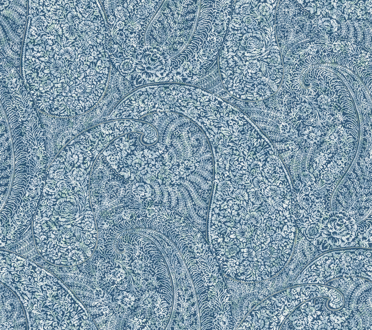 Kashmir Dreams Paisley Wallpaper by York Wallcoverings features a densely packed, intricate paisley pattern in blue and white, with swirling floral and leaf designs adorning the entire surface.