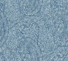 Kashmir Dreams Paisley Wallpaper by York Wallcoverings features an intricate blue and white paisley pattern, densely filled with detailed floral and leaf designs to create an ornate and textured appearance.