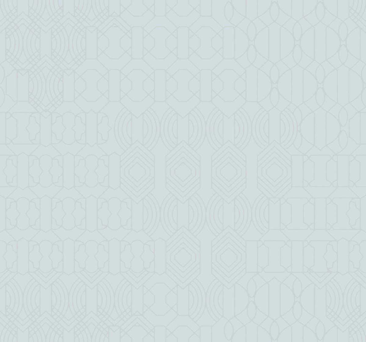 Featuring a light blue background adorned with faint, repeating geometric patterns—such as hexagons, circles, and interlocking shapes—the Modern Chandelier Wallpaper from York Wallcoverings offers a subtle and decorative design.