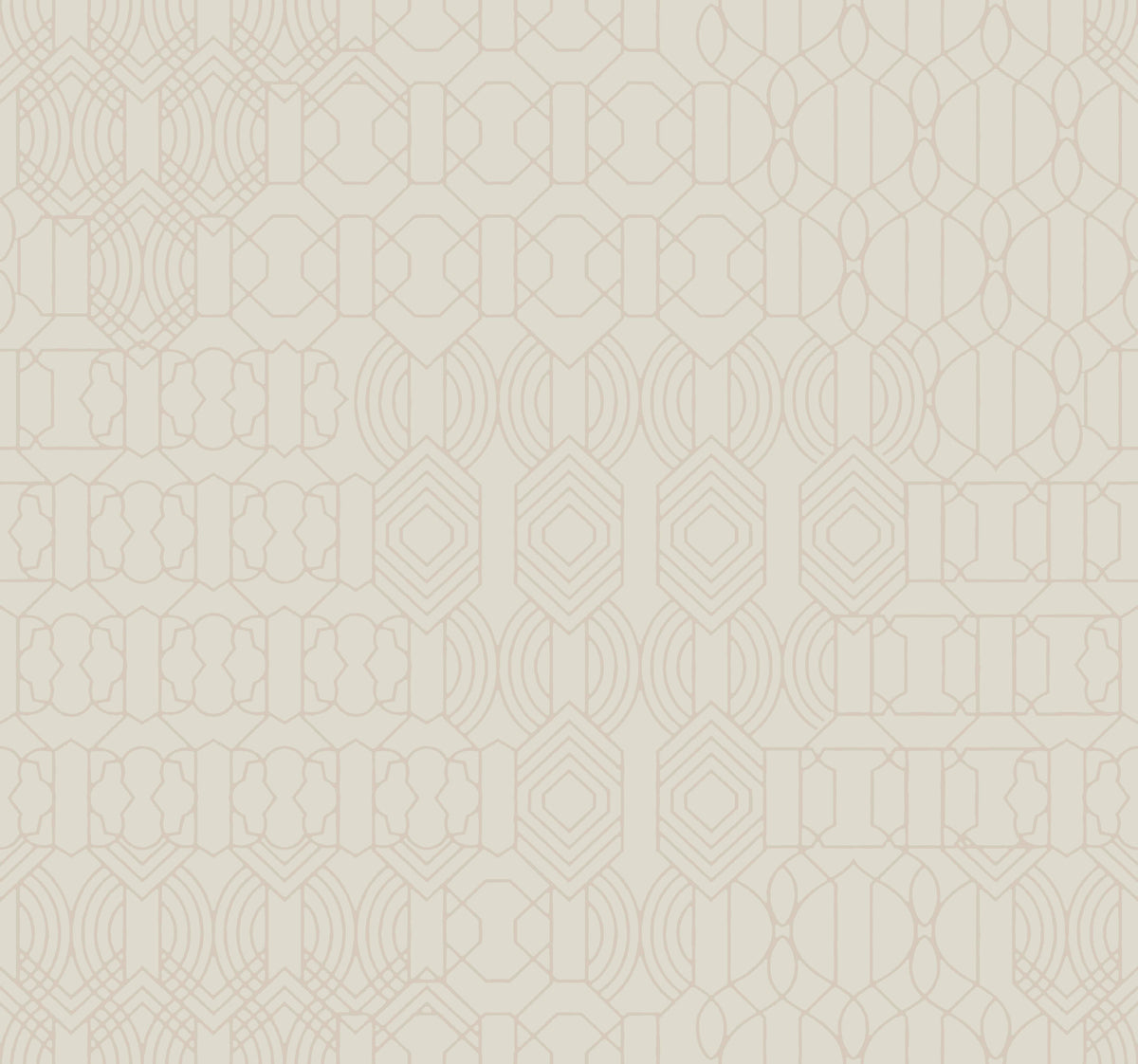 York Wallcoverings’ Modern Chandelier Wallpaper features a beige background adorned with a repeating geometric pattern of thin, symmetrical shapes and lines—including hexagons, circles, and arches—for a subtle yet decorative design.