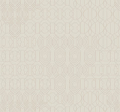 York Wallcoverings’ Modern Chandelier Wallpaper features a beige background adorned with a repeating geometric pattern of thin, symmetrical shapes and lines—including hexagons, circles, and arches—for a subtle yet decorative design.