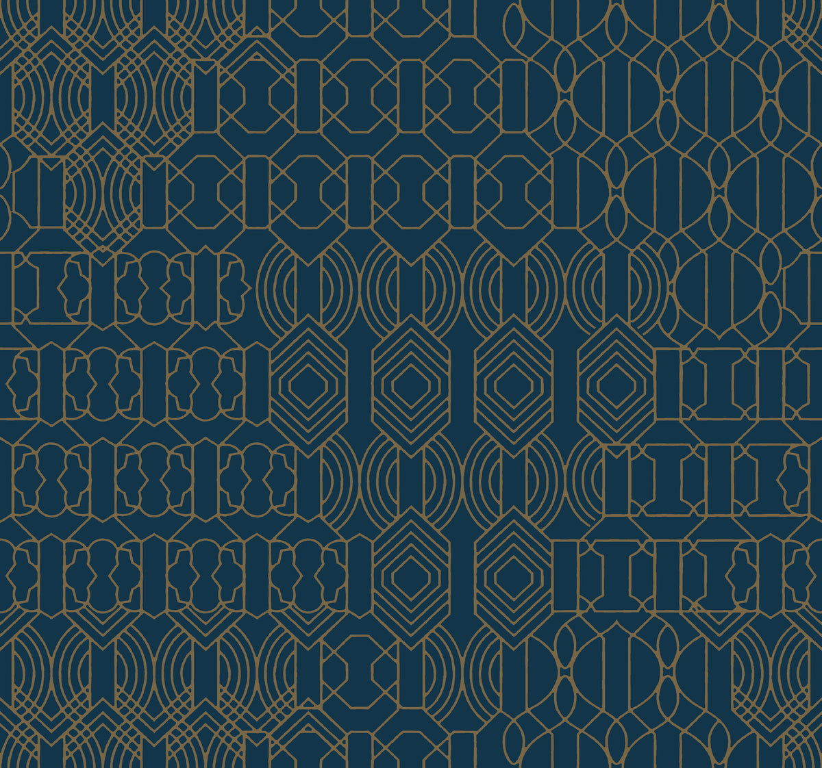 Introducing York Wallcoverings’ Modern Chandelier Wallpaper, featuring a symmetrical art deco-inspired design of geometric gold line patterns on a dark blue background, with repeating shapes like circles, hexagons, and rectangles.