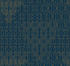 Featuring a dark blue background, the Modern Chandelier Wallpaper by York Wallcoverings showcases an intricate, repeating geometric pattern in thin gold lines with hexagons, half-circles, and angular shapes arranged symmetrically across the design.