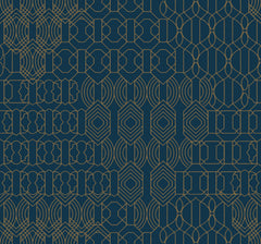 Featuring a dark blue background, the Modern Chandelier Wallpaper by York Wallcoverings showcases an intricate, repeating geometric pattern in thin gold lines with hexagons, half-circles, and angular shapes arranged symmetrically across the design.