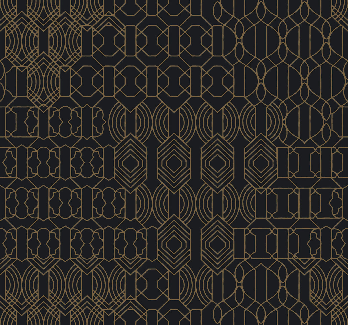 The Modern Chandelier Wallpaper by York Wallcoverings features a geometric Art Deco-inspired design, showcasing gold lines that form symmetrical, interlocking circles, hexagons, and rectangles on a sleek black background in a repeating vertical and horizontal arrangement.