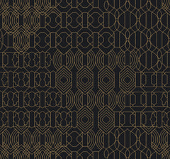 The Modern Chandelier Wallpaper by York Wallcoverings features a geometric Art Deco-inspired design, showcasing gold lines that form symmetrical, interlocking circles, hexagons, and rectangles on a sleek black background in a repeating vertical and horizontal arrangement.