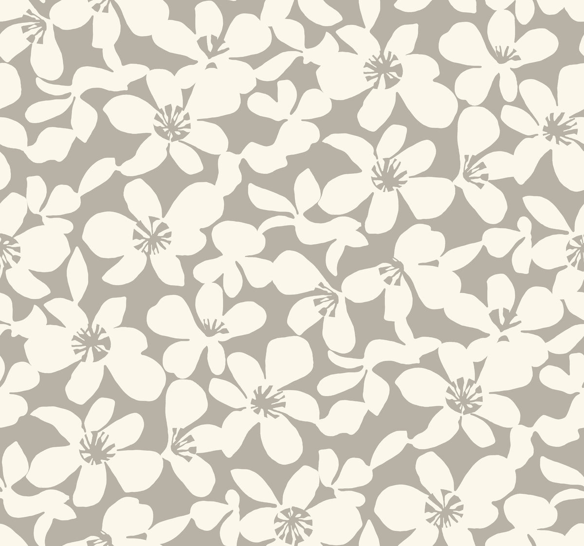 Introducing the Free Spirit Wallpaper by York Wallcoverings, featuring a seamless pattern of ivory-white five-petal flowers set against a light gray background. The evenly spaced blossoms create a simple, elegant, and repetitive floral design perfect for any space.