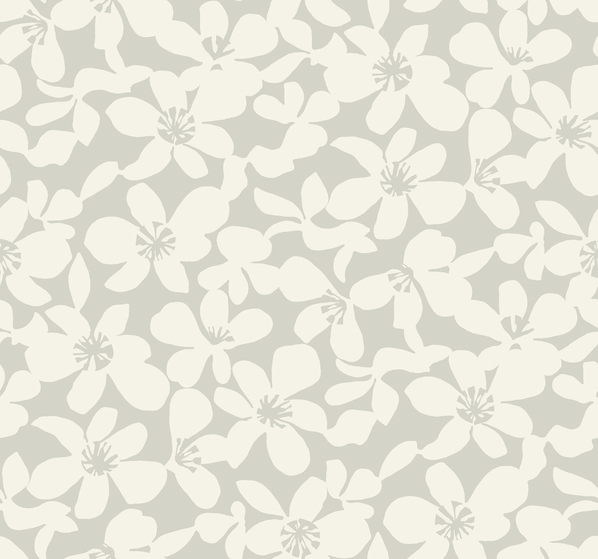 Free Spirit Wallpaper by York Wallcoverings features a seamless pattern of light cream-colored flowers with overlapping petals on a pale gray background, creating a soft and delicate floral design.